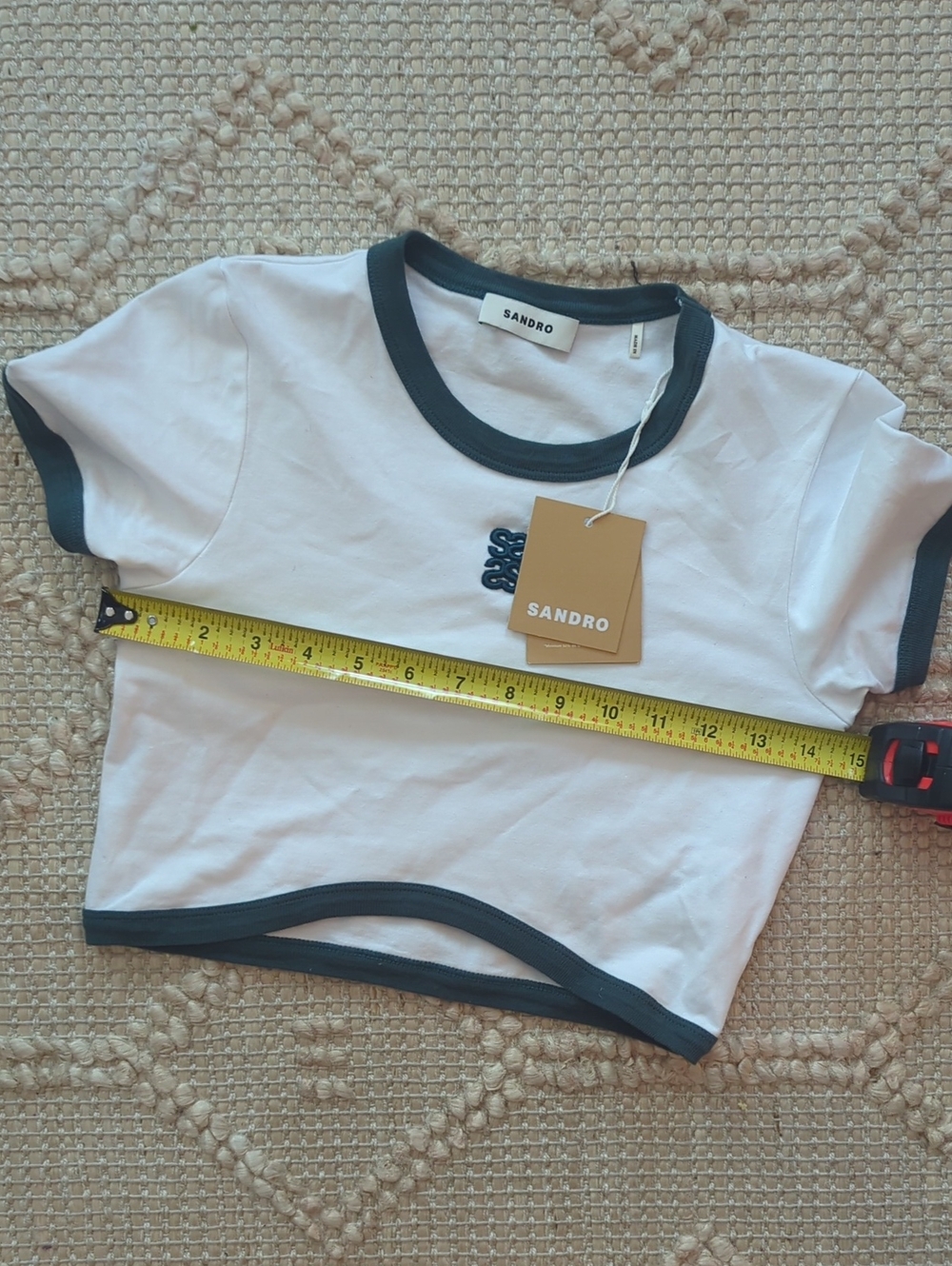 Sandro Paris Two-Tone Cropped T-Shirt | White & Dark Green | Size XS (0) - Picture 4 of 4